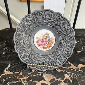 Vintage French Pewter Plate Limoges Style Fragonard Courting Couple Rococo Decor